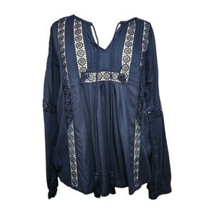 Oasis Boho Blouse Navy Womens 8 Lace Tassels Peasant Casual Retro